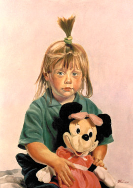 Bimba con pupazzo, ritratto ad olio
