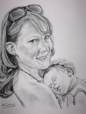 Ritratto mamma con bimbo, disegno a carboncino