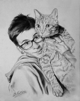 Ragazza con gatto, ritratto a carboncino